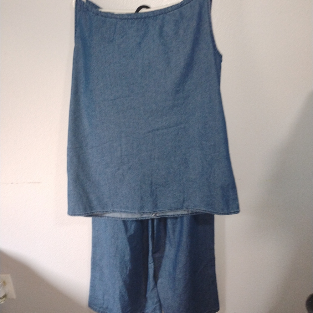Blue Denim Sleeveless Top and Shorts Set